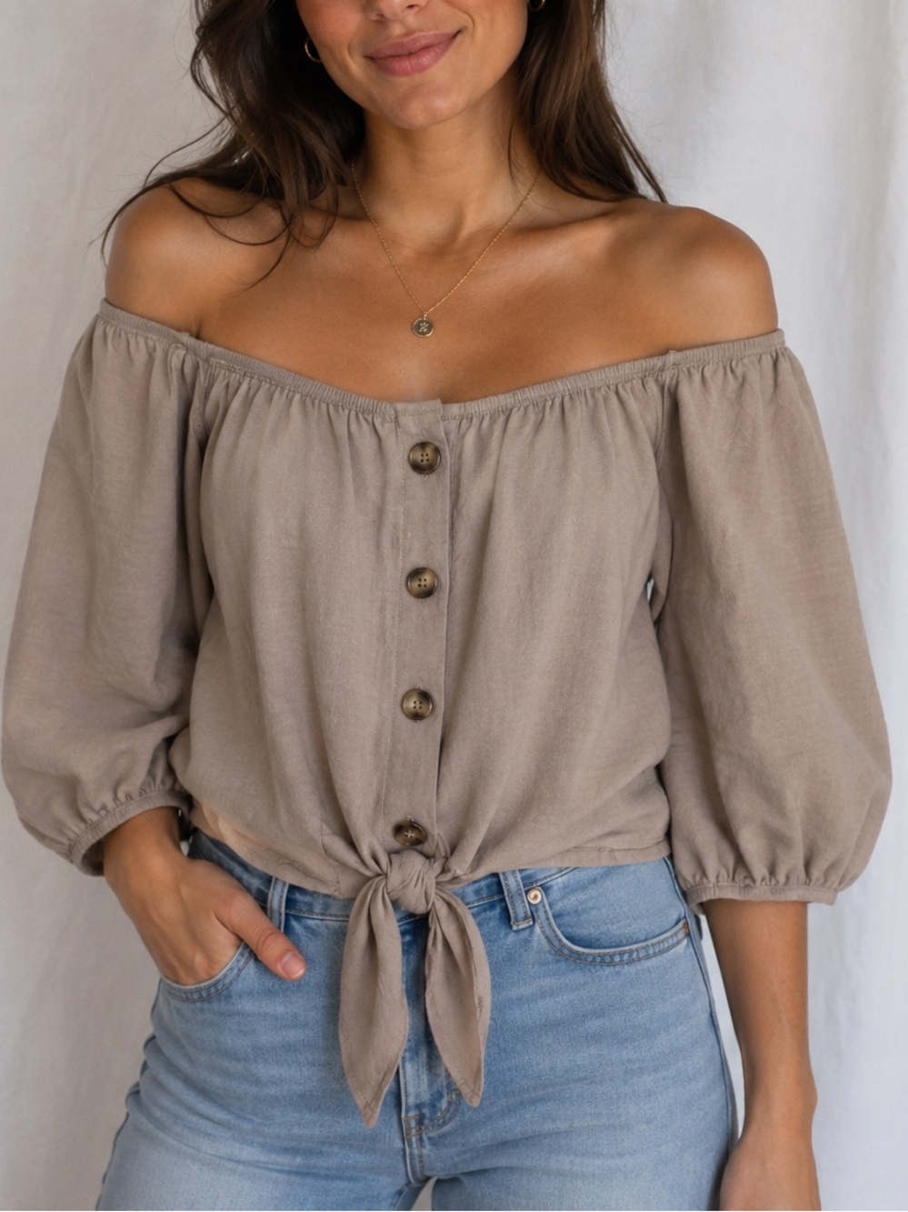 Bluebell Collection Taupe Off-Shoulder Tie-Front Blouse